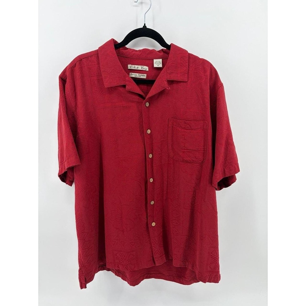Batik Bay Red Washable 100% Silk, Tropical Palm Jacquard Short Sleeve, Men's XL